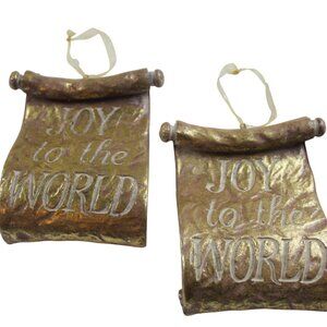 Vintage Joy to the World Scroll Christmas Ornament Set Gold Holiday Heavy Decor
